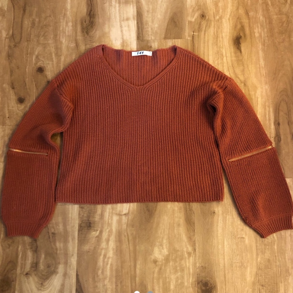 F4Y Rust Sweater with zipper detailing on sleeves
